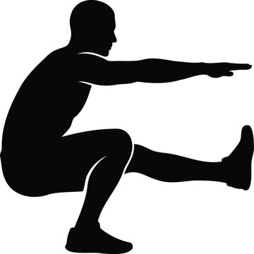 Black silhouette of a man performing a single leg squat exercise isolated on a white background, for fitness, strength, and health training