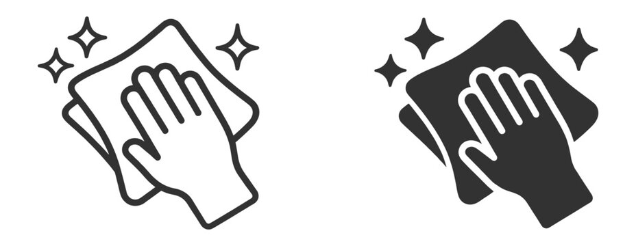 Cleaning cloth icon set, hand wiping a surface with cloth, outline and solid symbols on transparent background