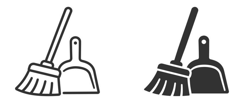 Broom and dustpan icon set, household cleaning equipment, outline and solid symbols on transparent background