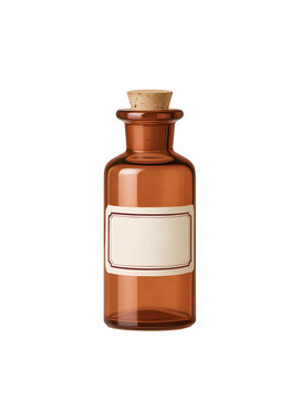 Vintage amber glass bottle with cork stopper and blank label isolated on black background, perfect for apothecary, potion, and science themes