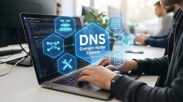 DNS Domain Name System Networking Concept with Laptop and Digital Connection Icons in Modern Technology Workspace