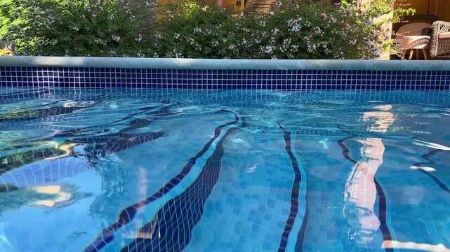 Close up shot of crystal clear blue swimming pool water with soft ripples over mosaic tile pattern, with green flowering bushes on the outdoor patio background.
