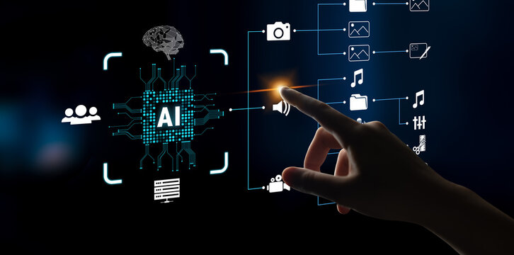 Conceptual representation of artificial intelligence technology with a human hand interacting with digital data in a dark futuristic environment. Sentient.