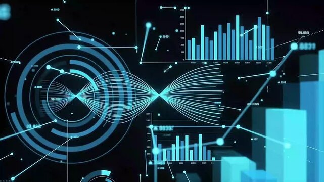 Digital data points transforming into charts and graphs in cyberspace
