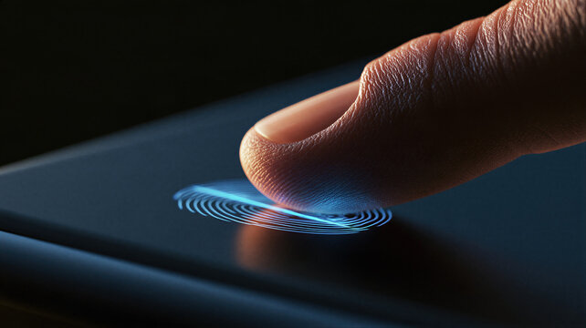Fingertip touching holographic fingerprint pattern with blue neon waves on dark surface.