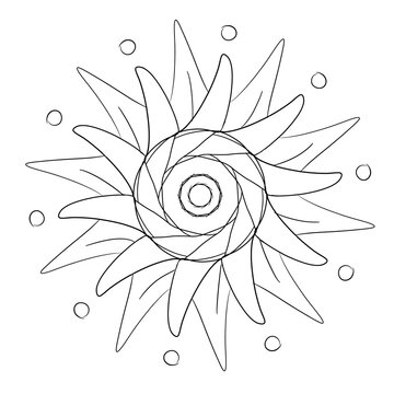 Illustration of an intricate twenty-petal sunflower mandala with dots around it