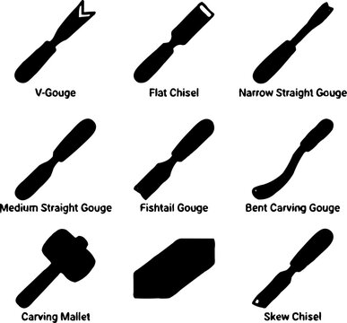 Set of nine black vector icons representing wood carving tools and a mallet on a white background