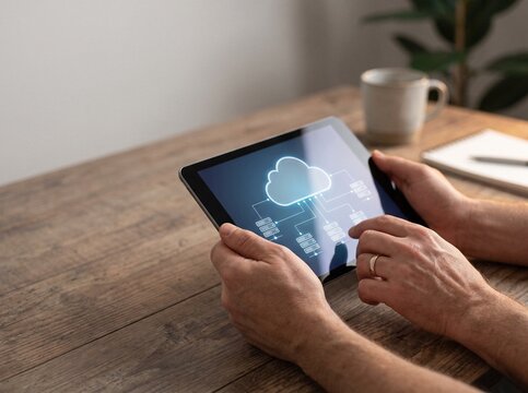 Close up of man hands holding tablet displaying glowing cloud computing infrastructure diagram over wooden office desk with coffee mug