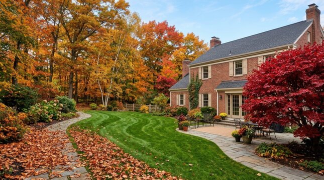 Brick house patio in autumn garden with vibrant red maple tree and fallen dry leaves on stone walkway.