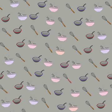 Seamless pattern of kitchen utensils and food items