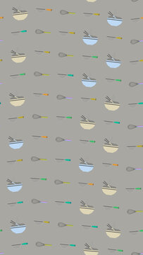 Seamless pattern of kitchen utensils and noodle bowls