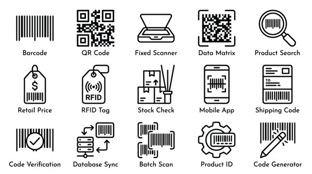 Barcode and tracking technology icons set with black outline QR code RFID tag scanner and logistics data symbols for supply chain inventory management.