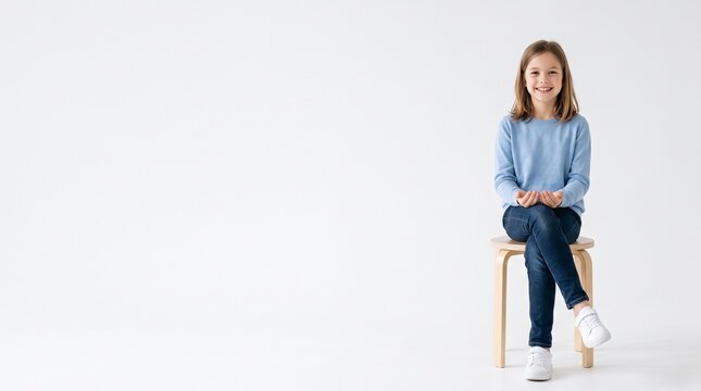 A happy young girl with brown hair wearing a blue sweater and jeans sits on a stool with her hands open and crossed legs