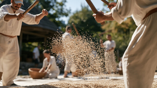 Ukrainian family threshing buckwheat on a cloth spread in an open yard, wooden flails raised, grain cloud in air, traditional autumn processing heritage rural lifestyle Eastern