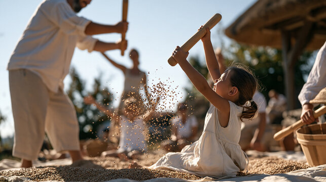 Ukrainian family threshing buckwheat on a cloth spread in an open yard, wooden flails raised, grain cloud in air, traditional autumn processing heritage rural lifestyle Eastern