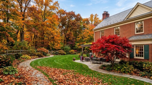 Picturesque backyard patio of brick residence with vibrant red maple and lush autumn forest backdrop in fall season.