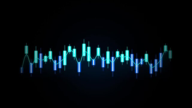 Abstract financial trading chart with glowing blue candlesticks and trend line