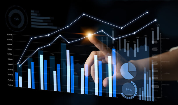 A professional setting showcasing data visualization on a touchscreen interface with graphs and charts, emphasizing business analysis and financial insights for strategic decision-making. Scalp