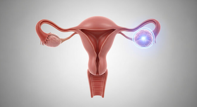 Illustration of female reproductive system with glowing fertilized egg, symbolizing fertility, conception, and pregnancy in science and health.