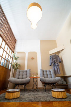 Modern Wellness Spa Relaxation Area with Drinks and Seating