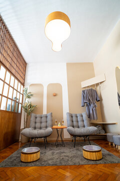 Spa Reception Lounge with Drinks and Self Care Products