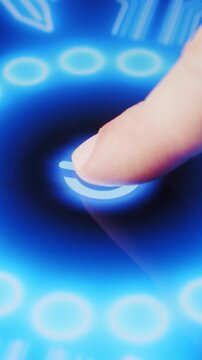 Finger tapping futuristic glowing blue interface