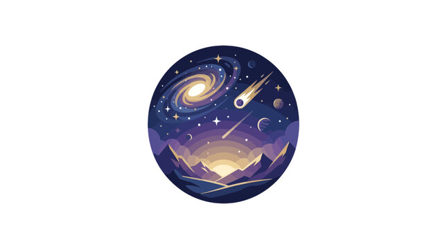 Galactic star cluster over mountains in circular badge.