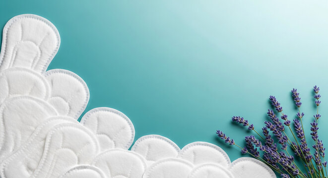 Soft white pads and purple lavender sprigs on a teal background, symbolizing comfort, freshness, and natural care for feminine hygiene