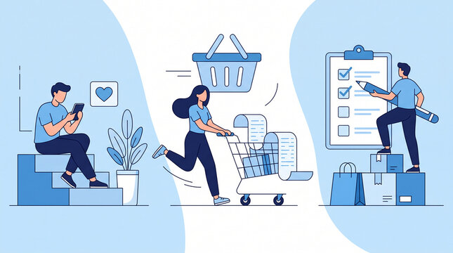Flat illustration depicting online shopping, browsing, and list making, symbolizing consumer behavior and planning purchases, suitable for business or lifestyle themes.