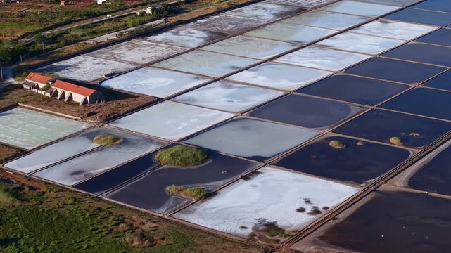 Aerial view of the historic salt pans in Nin, Croatia, showing the geometric evaporation ponds and traditional salt production facility