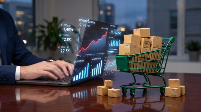 Digital data visualization of business growth with charts, graphs, and a shopping cart filled with packages, symbolizing e-commerce success and logistics