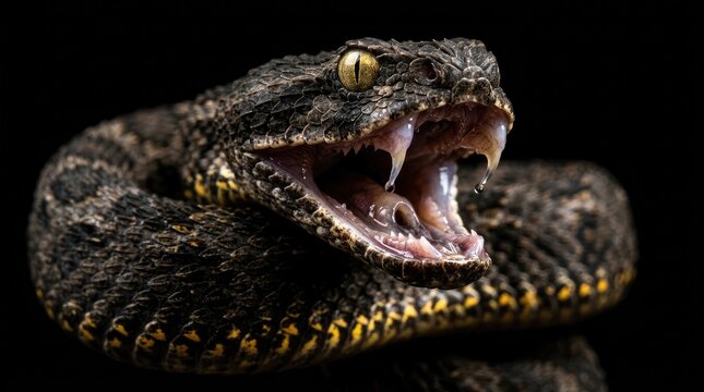 Ferocious viper snake with open jaws showing sharp fangs and textured scales isolated against a plain dark black studio background