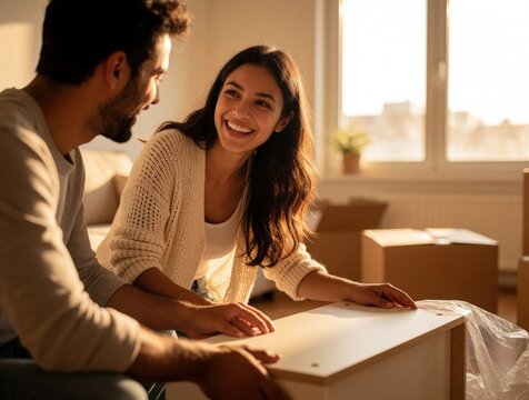 Young Arab couple laughs assembling new furniture in bright apartment. Happy man, woman build wooden shelf together in sunny living room. Lovers enjoy moving into new home, unboxing boxes, decorating