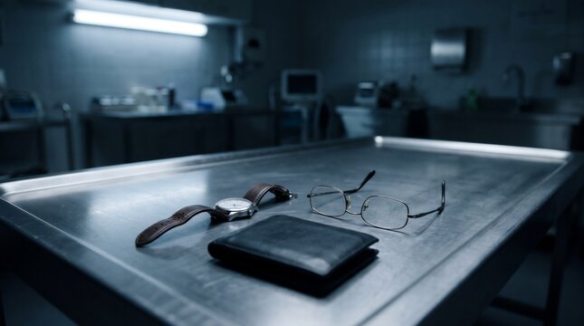 Personal Belongings Wristwatch Wallet Glasses on Stainless Steel Table in Dark Morgue Forensic Concept