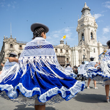 Lima, Per&uacute;, Peru : Female dancers from the group &ldquo;Morenada Central&rdquo; perform during the Festividad en honor a la Sant&iacute;sima Virgen de Copacabana on Plaza Mayor in the historic center of Lima.