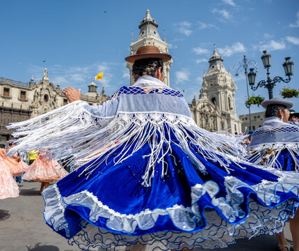 Lima, Per&uacute;, Peru : Female dancers from the group &ldquo;Morenada Central&rdquo; perform during the Festividad en honor a la Sant&iacute;sima Virgen de Copacabana on Plaza Mayor in the historic center of Lima. 