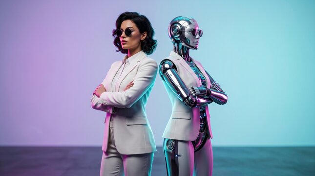 Human and Robot Collaboration: A stylish businesswoman stands back-to-back with a sophisticated robot, both exuding confidence and readiness for the future of technology.
