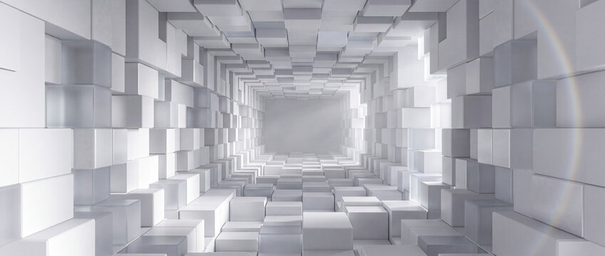 Cube tunnel constructed from white blocks forms a futuristic 3d geometric corridor with glowing perspective lighting for modern technology background, science banner, or presentation backdrop