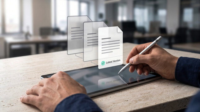 Version control concept with stylus on tablet and holographic documents marked Latest Version