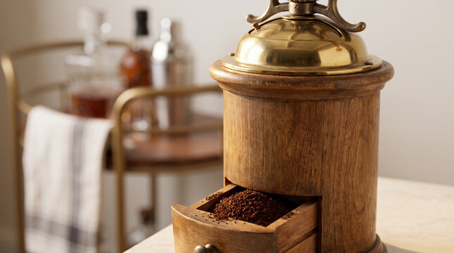 Vintage coffee grinder on bar cart with coffee beans visible  