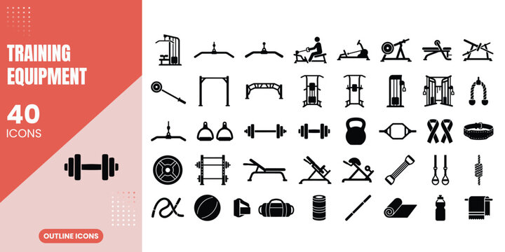 A comprehensive collection of forty black gym and fitness training equipment icons representing various exercise machines tools and workout accessories for athletes