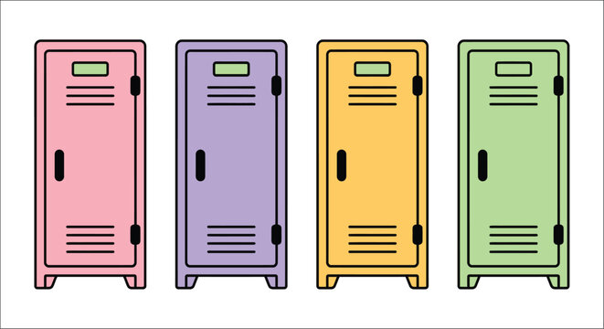 Four pastel colored school lockers stand in a row depicted as a vector illustration storage cabinets colorful lined rectangular metallic organized equipment supplies education hallway