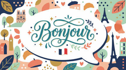 Bonjour greeting in a speech bubble with Parisian landmarks, croissants, and berets, flat design vector illustration © Yosse