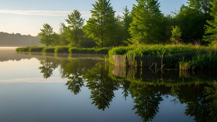 Fototapeta premium Serene Reflection of Forest in Calm Water.
