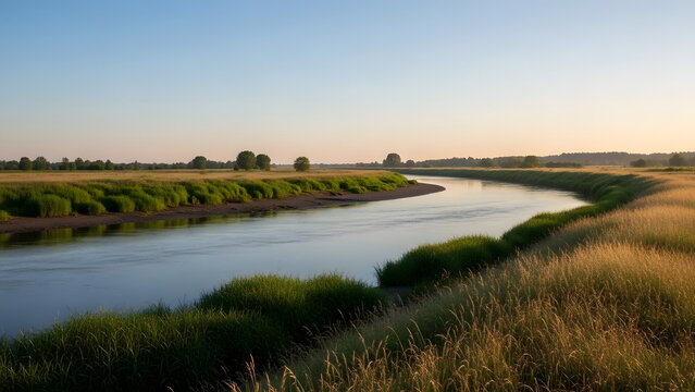 Serene River Flowing Through Natural Wetlands.