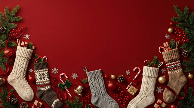 Festive christmas background featuring hanging stockings and holiday decorations arranged on a rich deep red textured surface