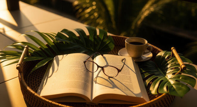 Relaxing Morning With Coffee And An Open Book On A Balcony