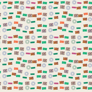 Seamless pattern of stylized bricks and circular shapes