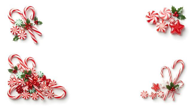 Festive christmas border design featuring candy canes and red berries isolated on a clean white background for holiday projects