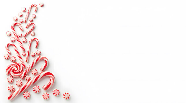 Festive christmas border design featuring red and white candy canes with sweet peppermint swirls on white background